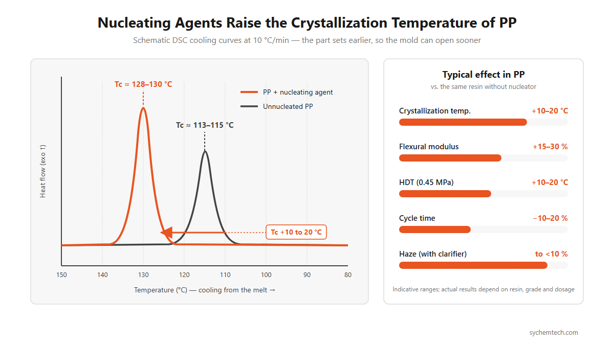 DSC crystallization curve showing nucleating agent raising polypropylene crystallization temperature and shortening molding cycle time