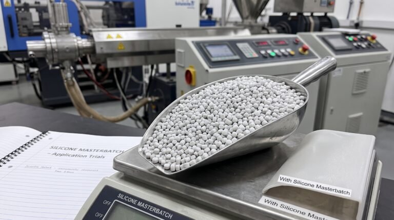Silicone masterbatch pellets beside an extrusion line