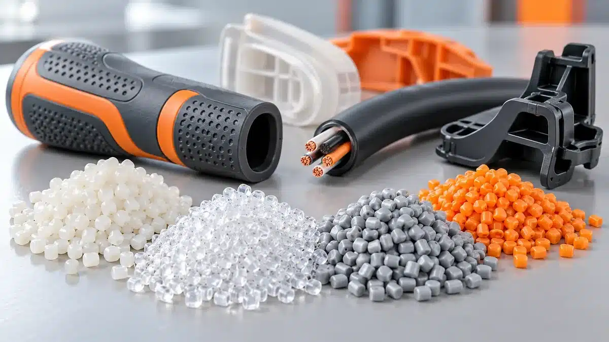 Polymer pellets and molded parts made from specialty elastomers and engineering plastics