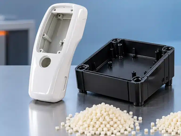 ABS grade selection: white medical device housing, black electronics enclosure and ABS pellets