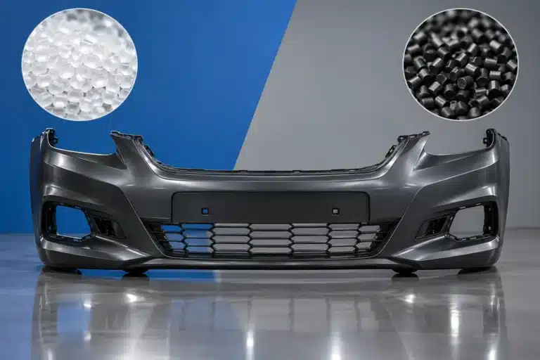 POE vs EPDM: clear POE pellets, black elastomer pellets and a molded TPO car bumper