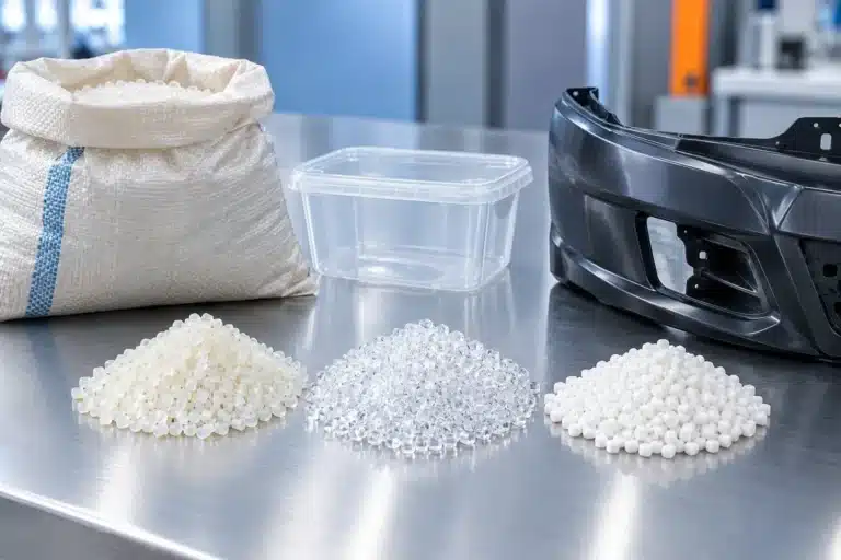 PP homopolymer vs copolymer: raffia sack, clear food container and black bumper with three piles of polypropylene pellets
