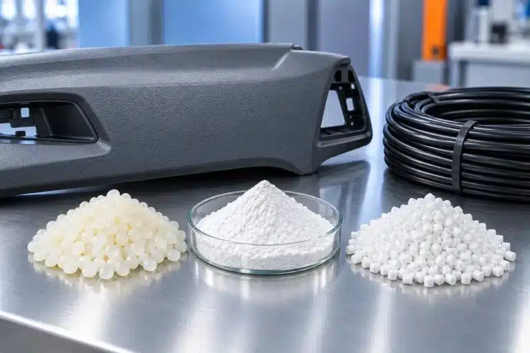 Silicone masterbatch vs EBS wax: wax beads, white powder and masterbatch pellets with an automotive interior panel and cable