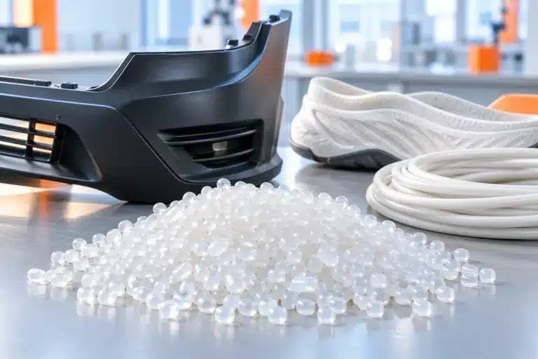 Polyolefin elastomer (POE) pellets with bumper, foam midsole and cable applications